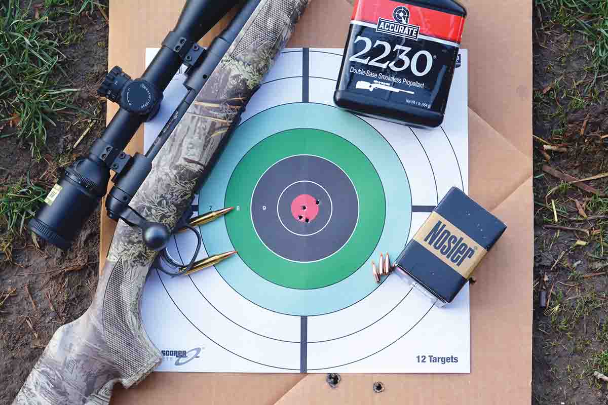 Accurate A-2230 powder is a popular choice for handloading the .223 Remington. This five-shot group was fired from a hot barrel on a windy Idaho spring day, but it still measured just over .75 inch.